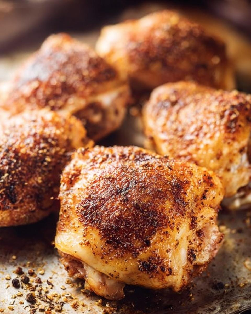 Close-up of perfectly seasoned Crispy Baked Chicken Thighs, fresh from the oven.