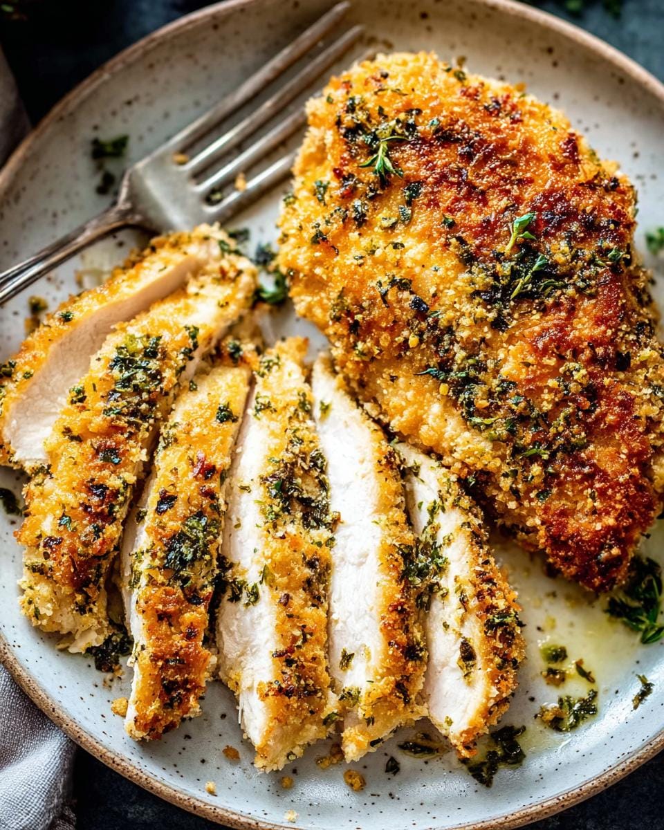 A plate of Crispy Baked Ranch Chicken with Parmesan Crust, sliced to show juicy interior and golden-brown coating.