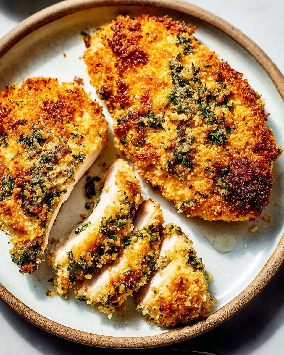 Close-up of Crispy Baked Ranch Chicken with Parmesan Crust, one piece sliced to show juicy interior.