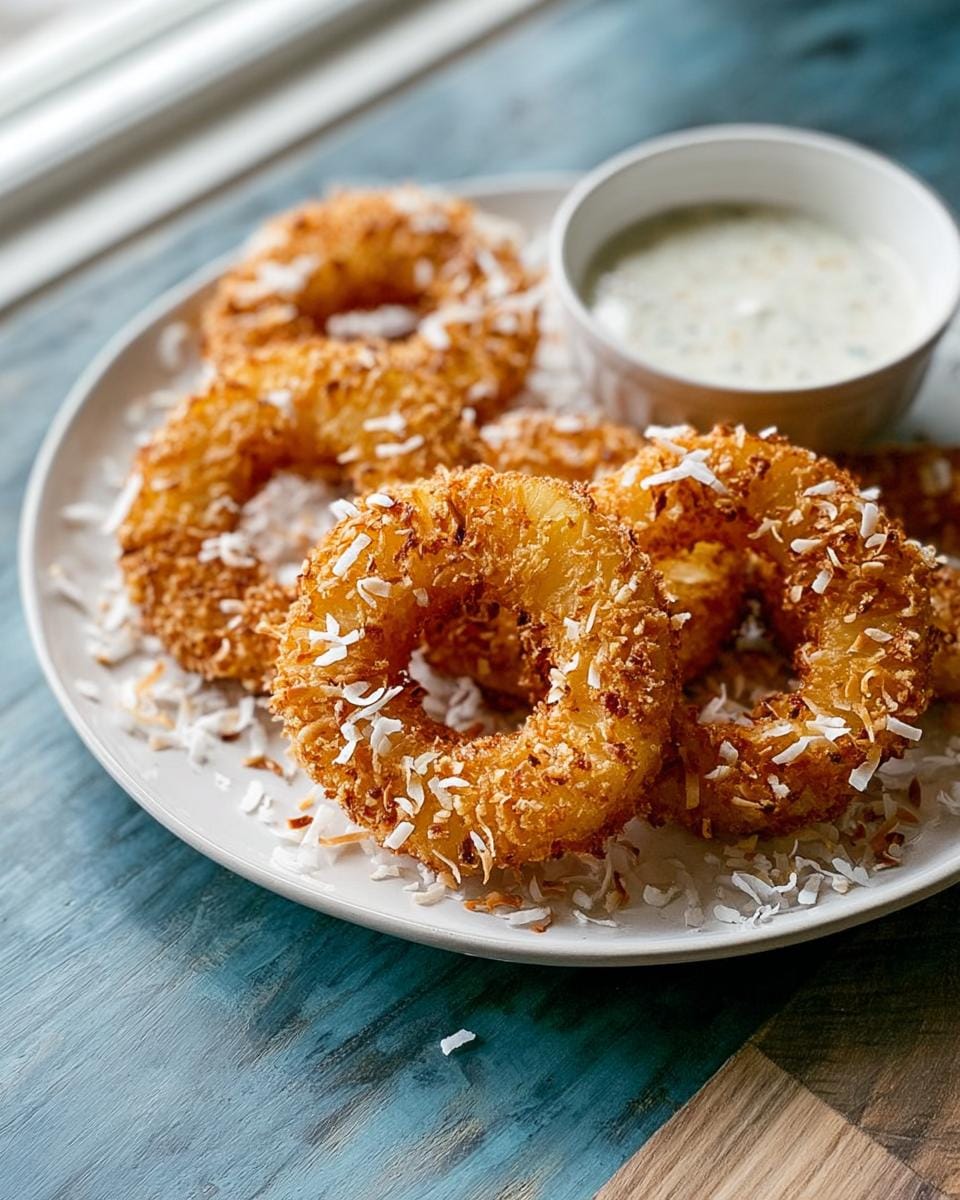 Golden brown crispy coconut fried pineapple rings served on a white plate with a side of dipping sauce.