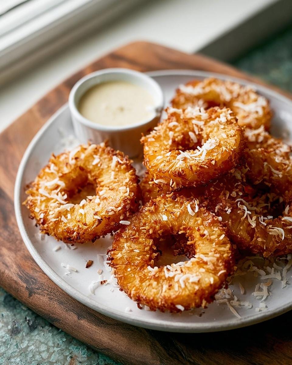 A plate of golden brown crispy coconut fried pineapple rings, sprinkled with shredded coconut, served with a small bowl of dipping sauce.