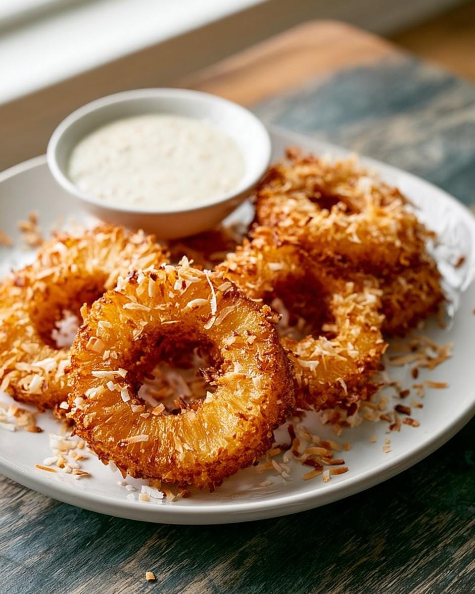 Golden brown crispy coconut fried pineapple rings served on a white plate with a side of dipping sauce.