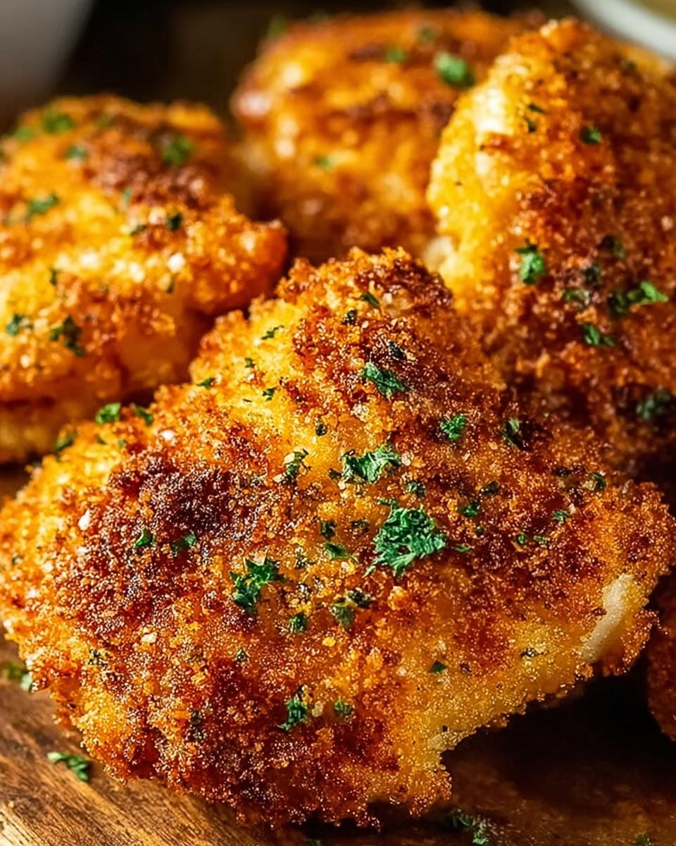 Close-up of golden-brown Crispy Parmesan Chicken Thighs, sprinkled with fresh parsley.