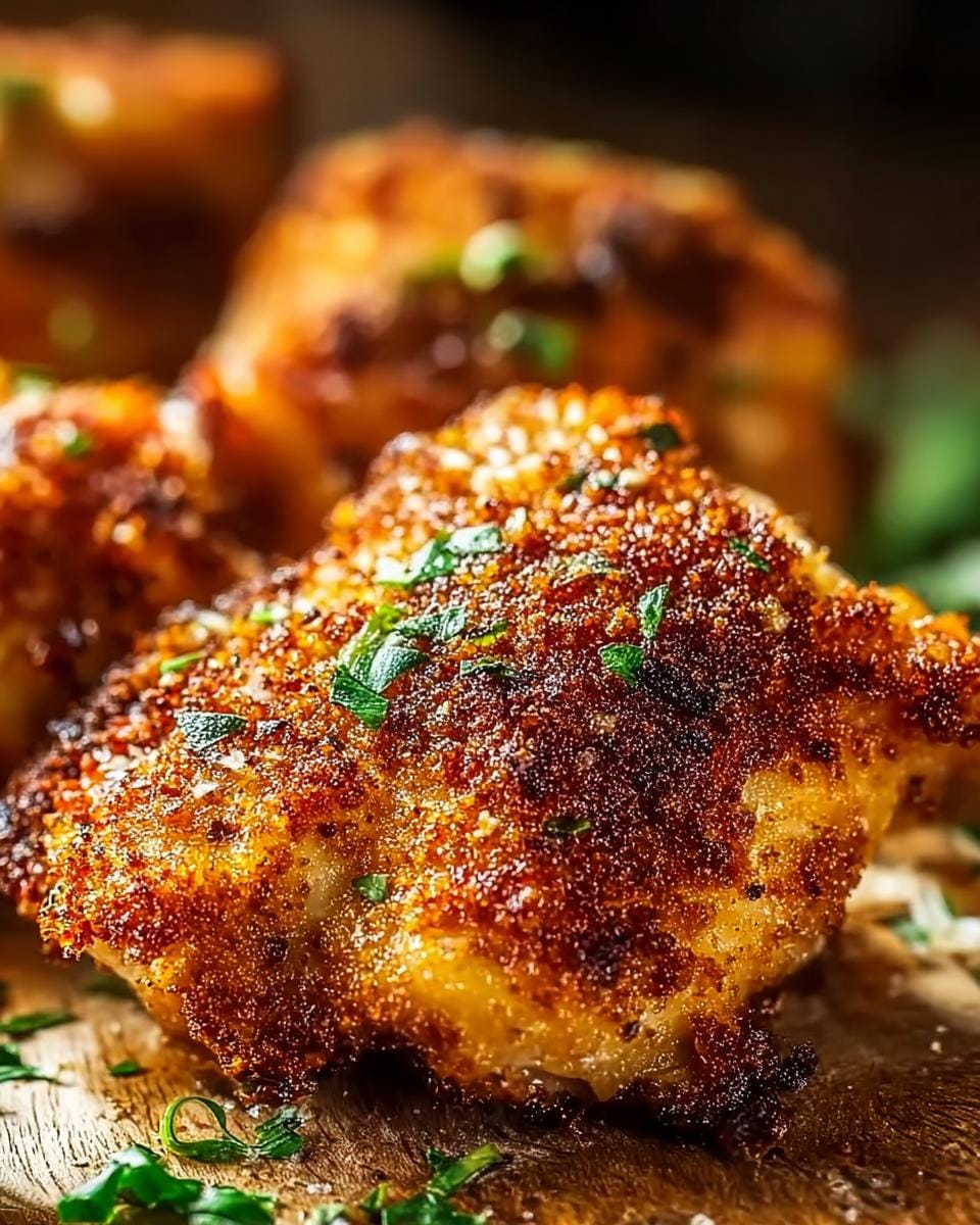 Close-up of a perfectly cooked Crispy Parmesan Chicken Thigh, golden brown and seasoned with herbs.
