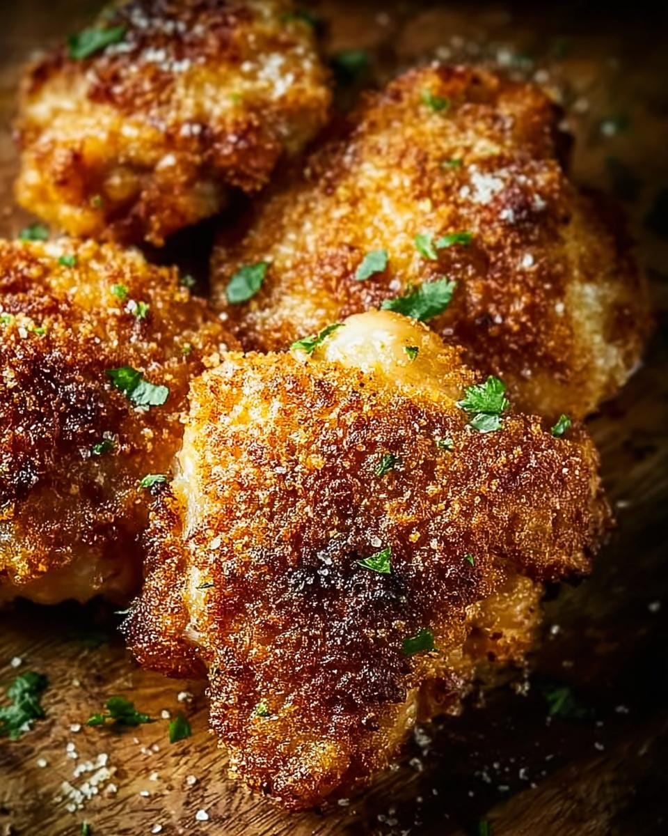 Close-up of golden-brown Crispy Parmesan Chicken Thighs seasoned with herbs and spices.