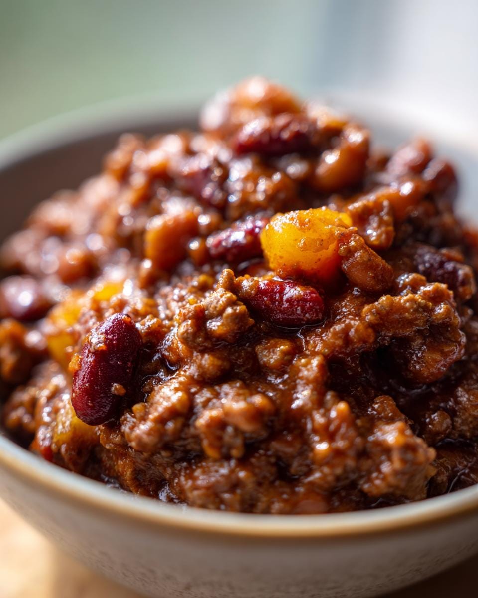 A close-up, mouth-watering view of hearty Crockpot Baked Beans in a bowl, showing the rich texture and visible beans.
