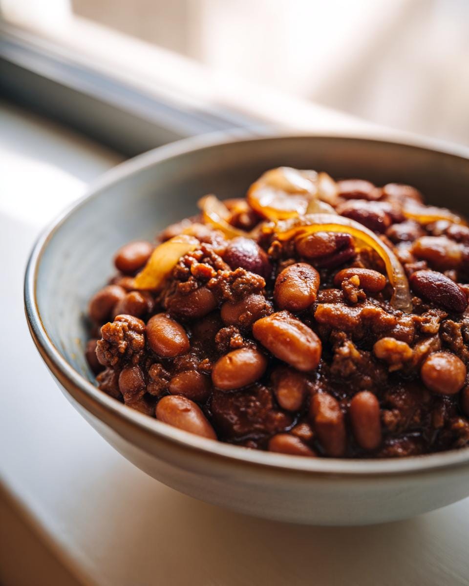 Close-up of a bowl filled with delicious Crockpot Baked Beans, topped with onions.