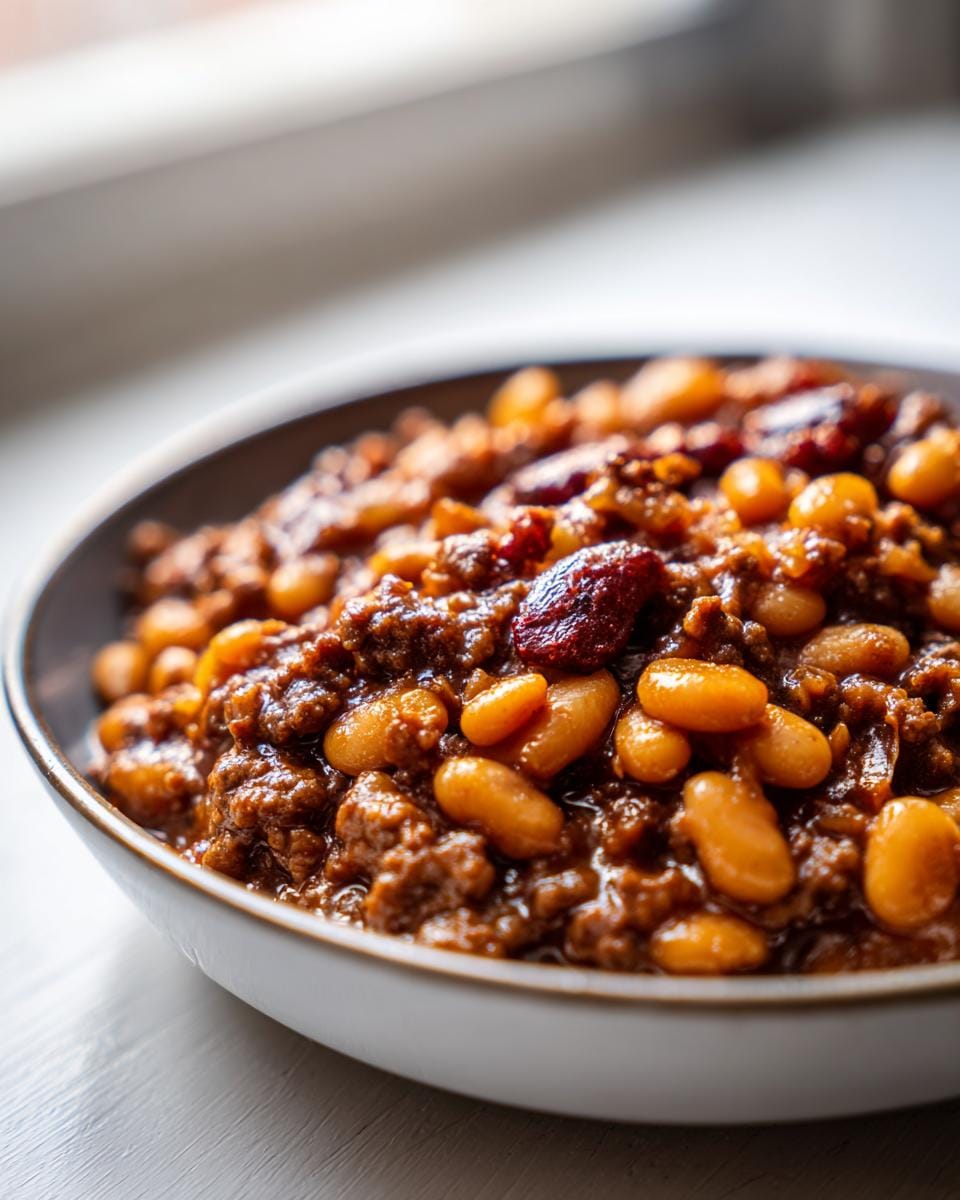 Close-up of a bowl filled with hearty Crockpot Baked Beans, featuring white beans, ground meat, and dried cranberries.