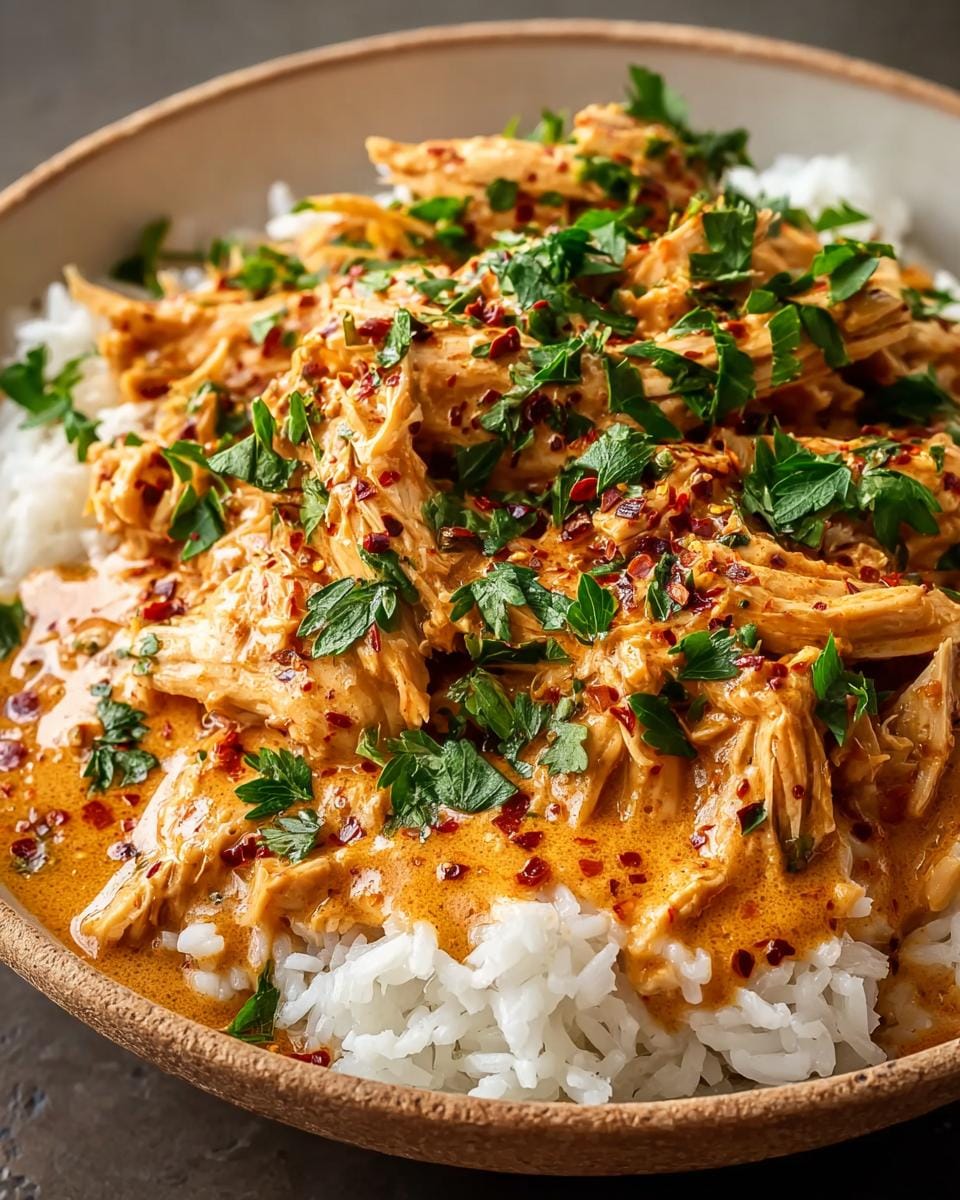 A close-up of a Crockpot Cajun Butter Chicken Creamy Comfort Bowl, featuring shredded chicken in a rich sauce served over white rice and garnished with parsley and chili flakes.