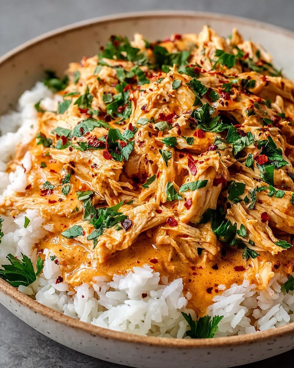 A close-up of a Crockpot Cajun Butter Chicken Creamy Comfort Bowl, featuring shredded chicken in a rich sauce over white rice, garnished with parsley and chili flakes.