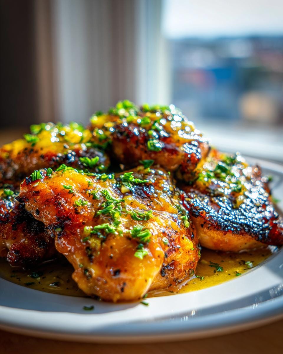 Close-up of juicy Crockpot Lemonade Chicken pieces drizzled with sauce and fresh herbs.