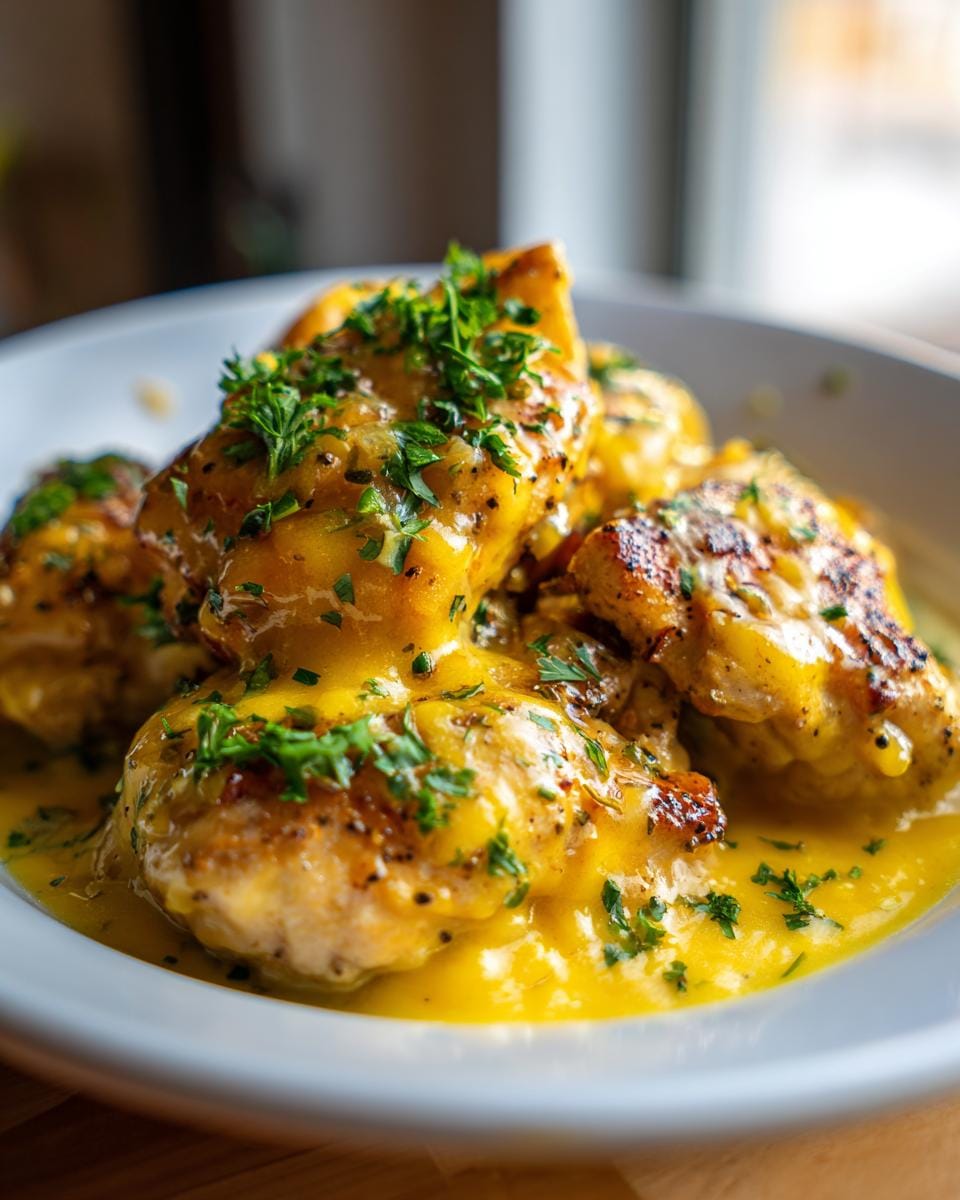 Close-up of tender Crockpot Lemonade Chicken pieces coated in a rich, yellow sauce and sprinkled with fresh parsley.