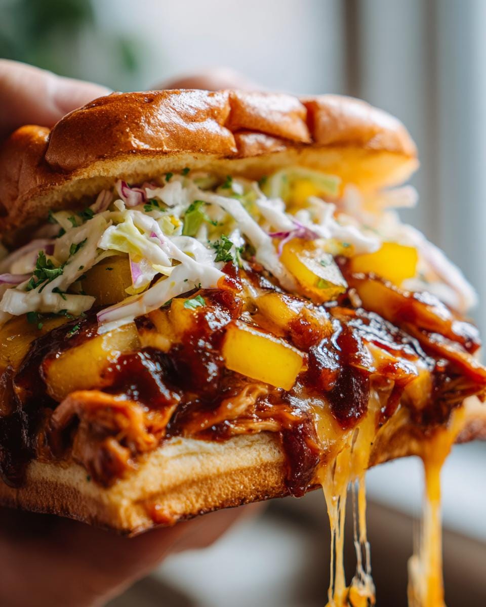 A delicious Crockpot Peach BBQ Chicken sandwich with melted cheese and coleslaw.