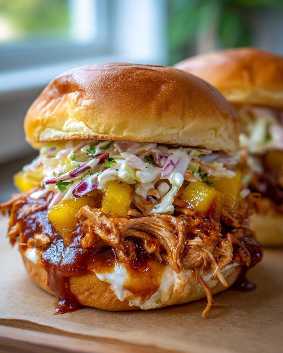 Close-up of a delicious Crockpot Peach BBQ Chicken sandwich with coleslaw and pineapple chunks on a bun.