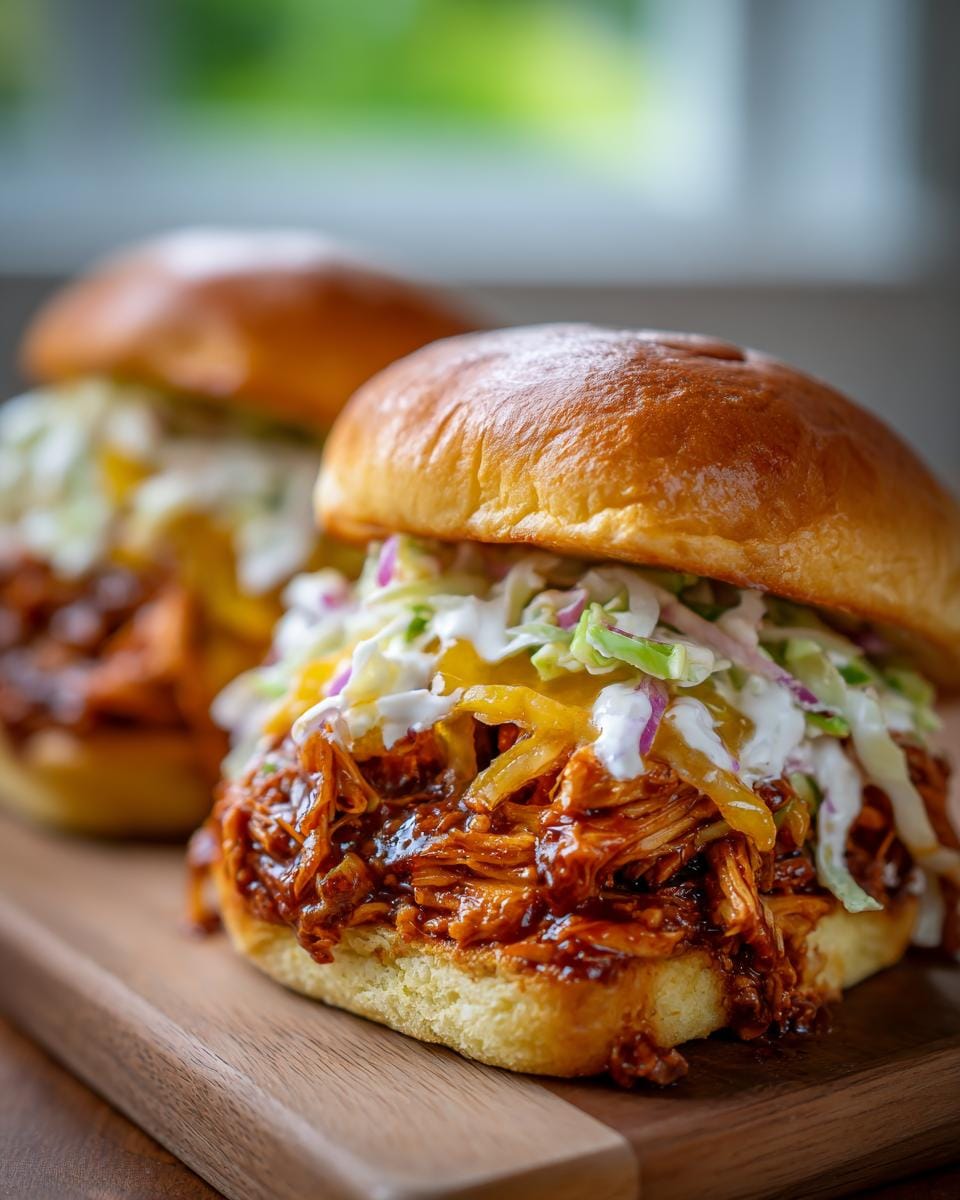 Two delicious Crockpot Peach BBQ Chicken sandwiches piled high with coleslaw and cheese on toasted buns.