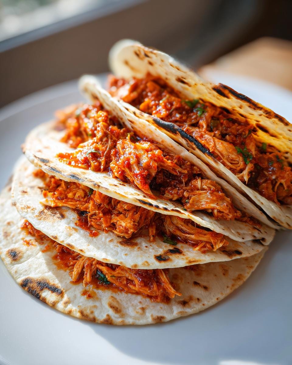 Three delicious Crockpot Salsa Chicken Tacos stacked on a white plate, filled with shredded chicken and salsa.