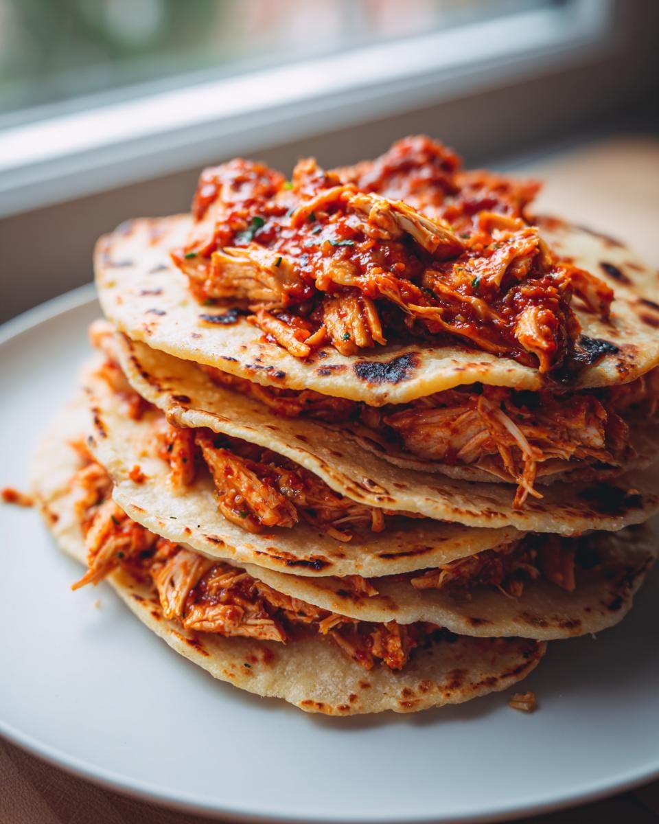A stack of warm tortillas filled with shredded Crockpot Salsa Chicken Tacos.