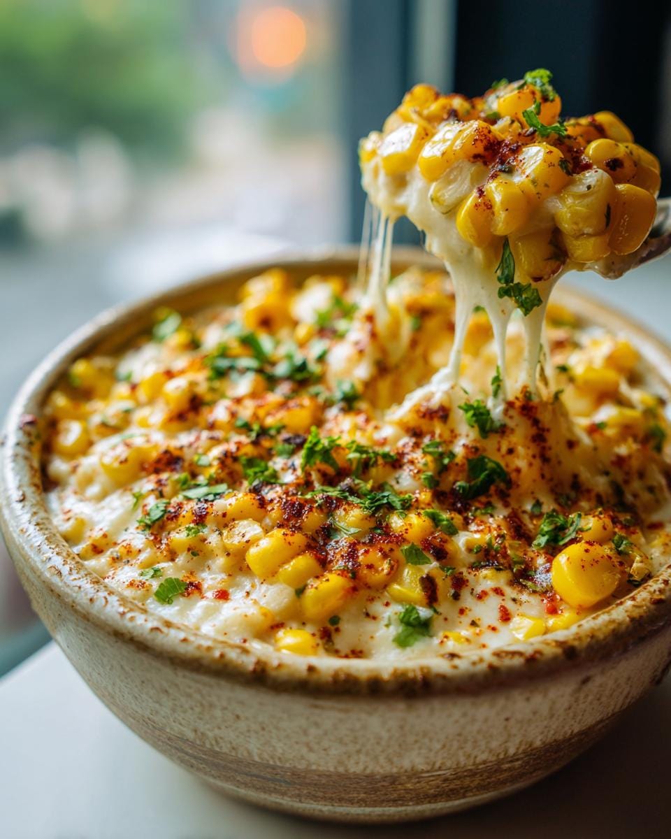 A spoonful of cheesy Crockpot Street Corn Dip with melted cheese strands, topped with corn, chili powder, and parsley.