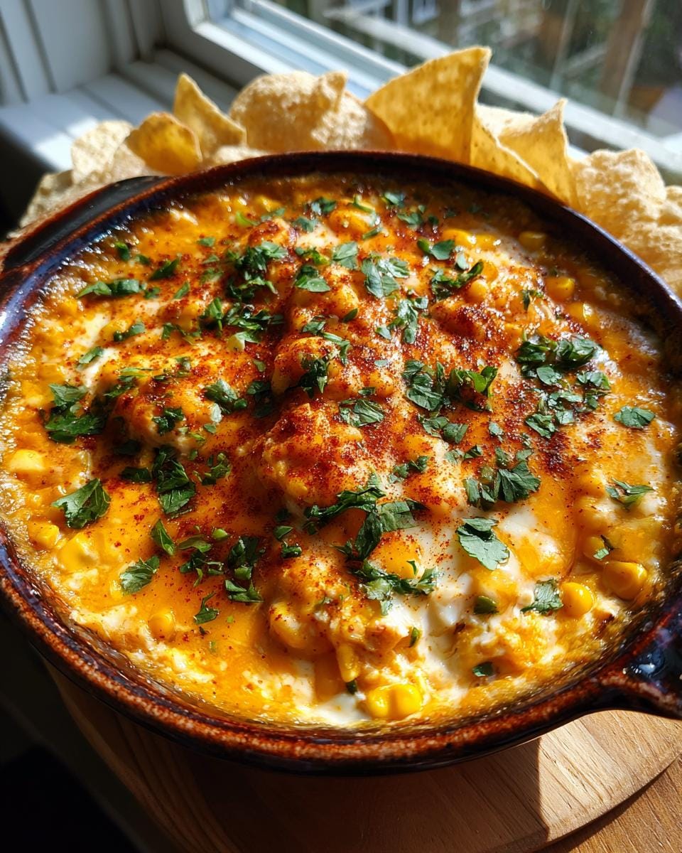 Close-up of a bubbling Crockpot Street Corn Dip topped with paprika and cilantro, served with tortilla chips.