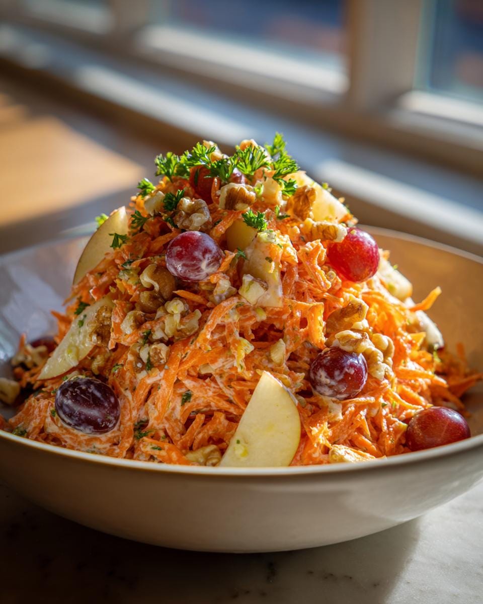 A bowl of Crunchy Carrot Apple Salad topped with grapes, walnuts, apple slices, and fresh parsley.
