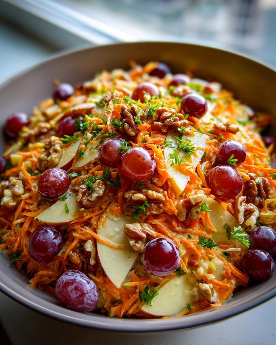 A close-up of a vibrant Crunchy Carrot Apple Salad Recipe, featuring shredded carrots, apple slices, red grapes, walnuts, and parsley.