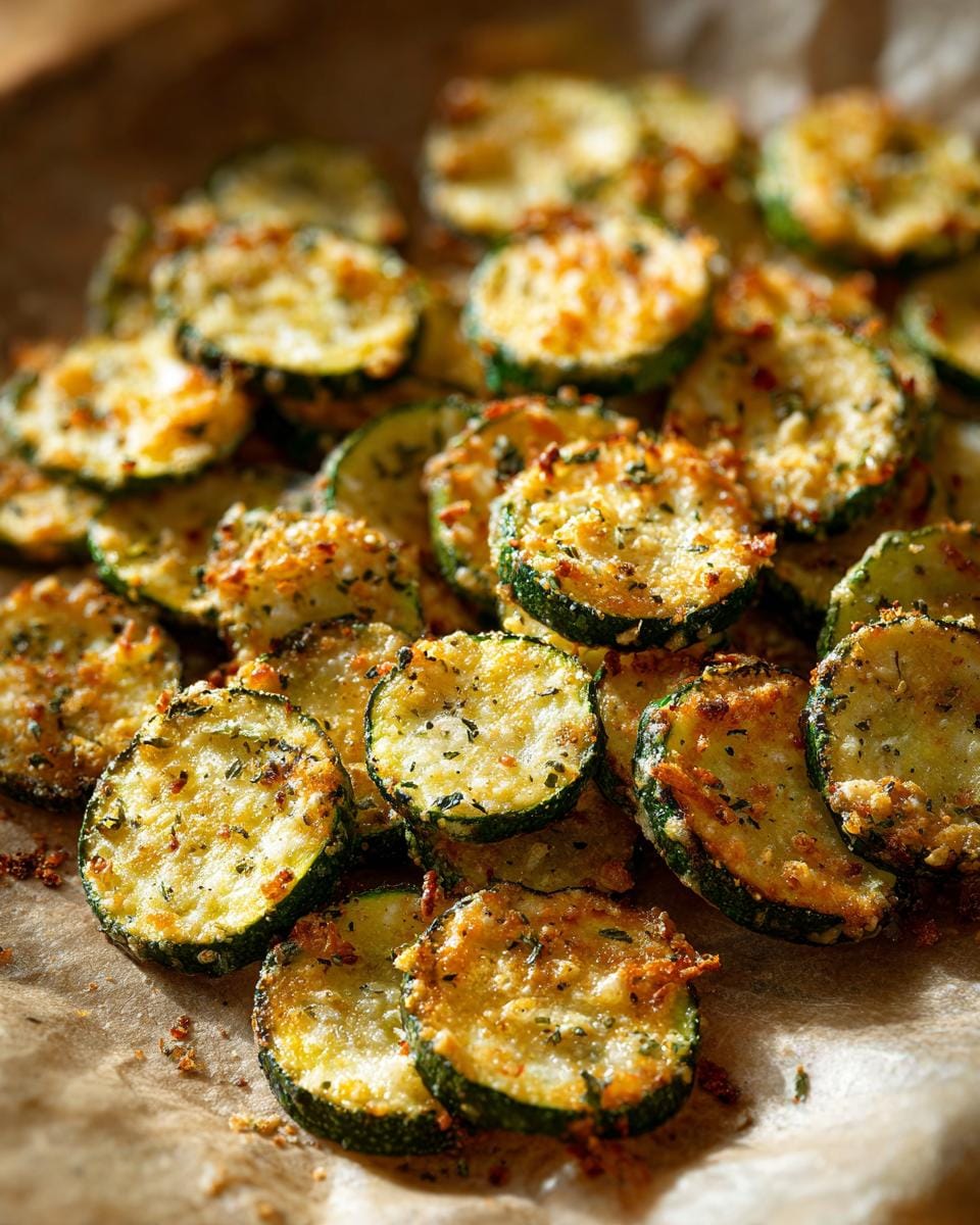 A close-up shot of a pile of golden-brown, crispy Crunchy Ranch Cucumber Chips.