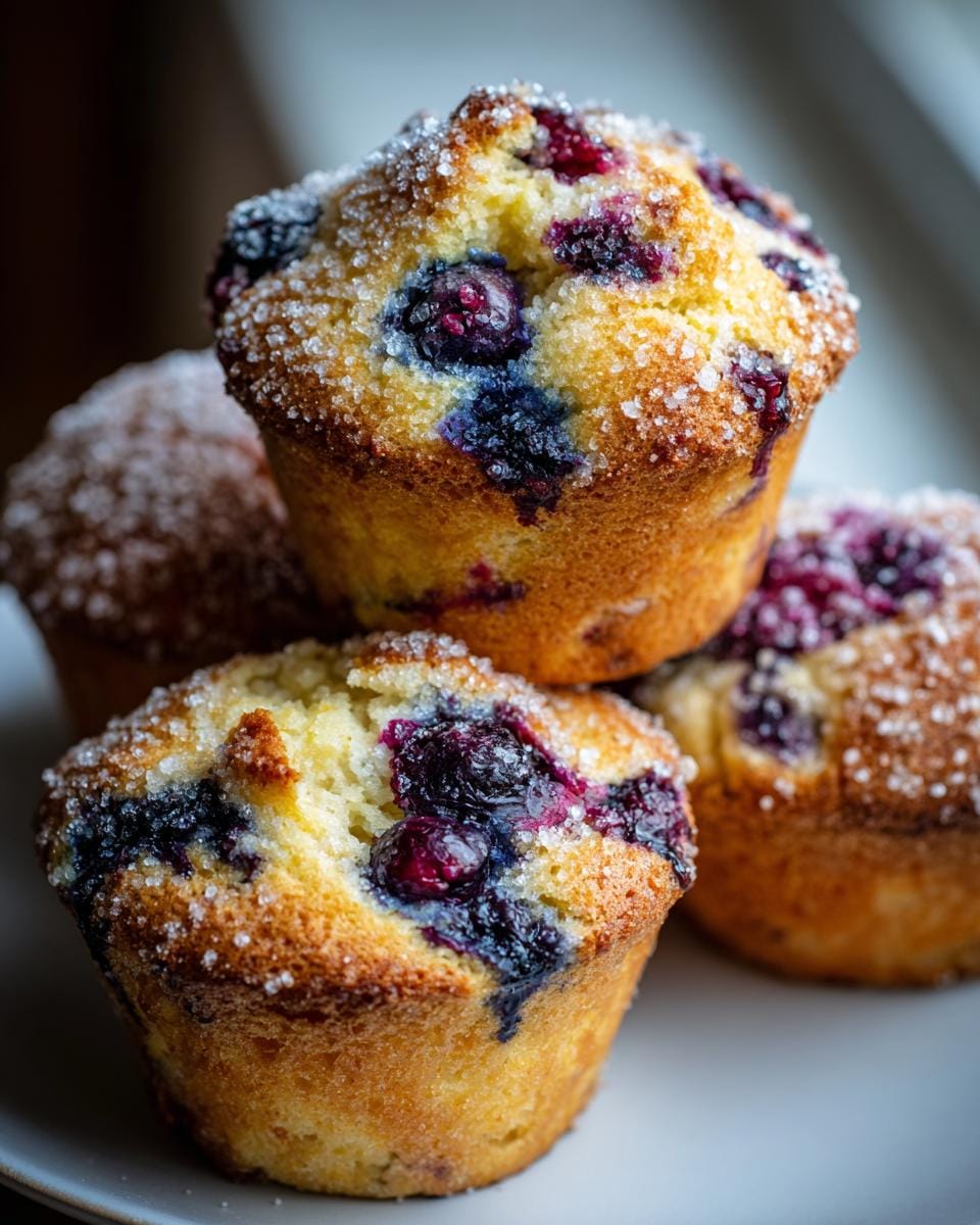 Close-up of Deliciously Moist Blueberry Muffins, topped with sugar and bursting with blueberries.