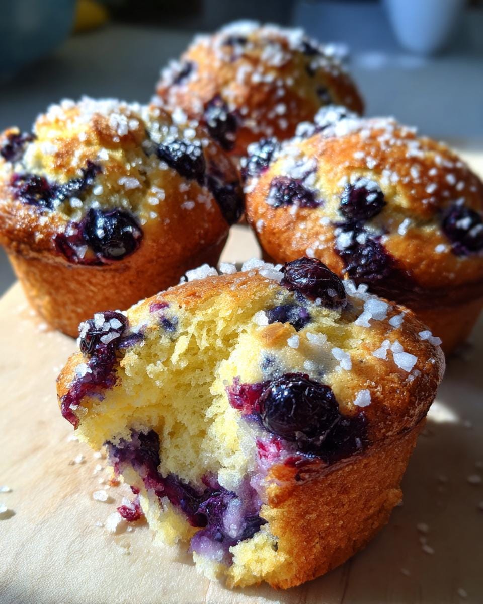 Close-up of Deliciously Moist Blueberry Muffins, one with a bite taken out, showing a fluffy interior and burst blueberries.