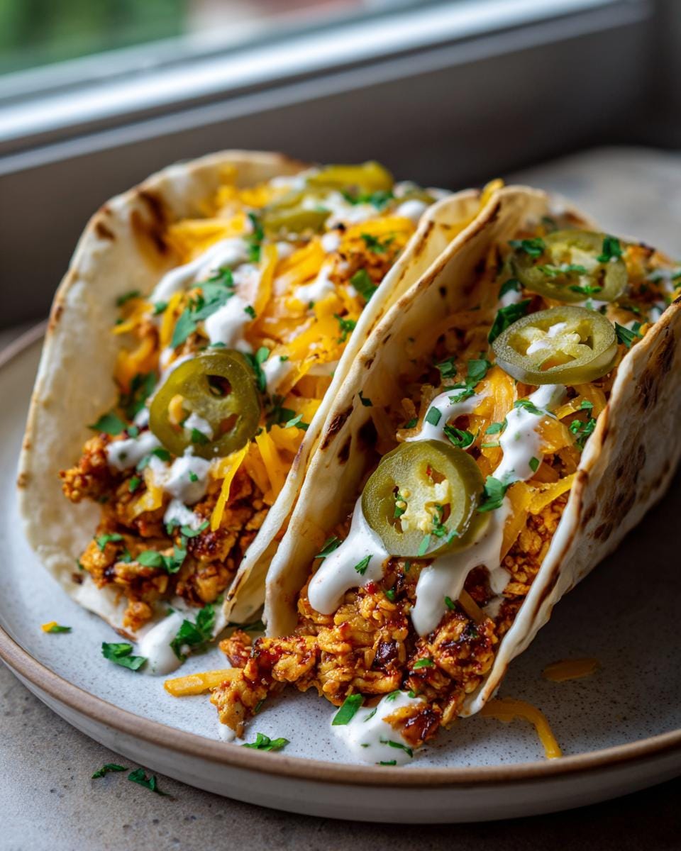 Close-up of two Dill Pickle Ranch Smash Chicken Tacos filled with seasoned chicken, shredded cheese, jalapeños, and drizzled with ranch.