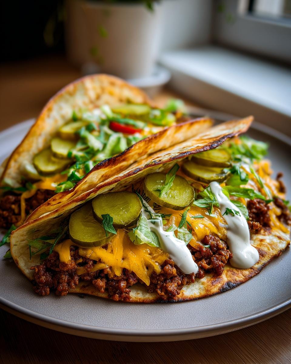 Close-up of two Dill Pickle Ranch Smash Chicken Tacos filled with seasoned ground chicken, shredded cheese, lettuce, dill pickles, and a drizzle of ranch.