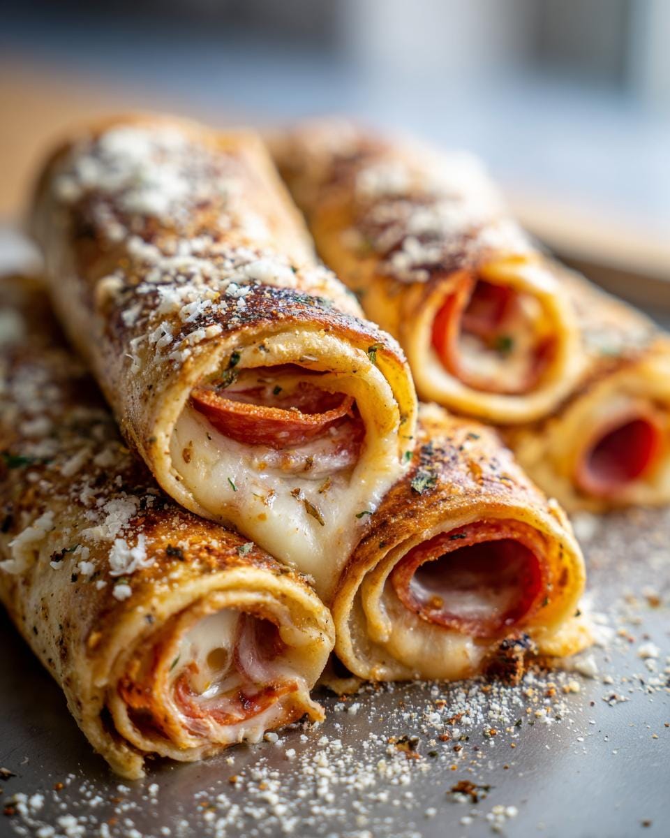 Close-up of gooey cheese and pepperoni peeking out of golden-brown Easy Baked Pizza Wraps.