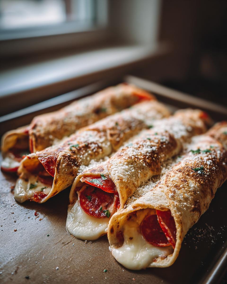 Close-up of four Easy Baked Pizza Wraps filled with pepperoni and melted cheese, sprinkled with parmesan.