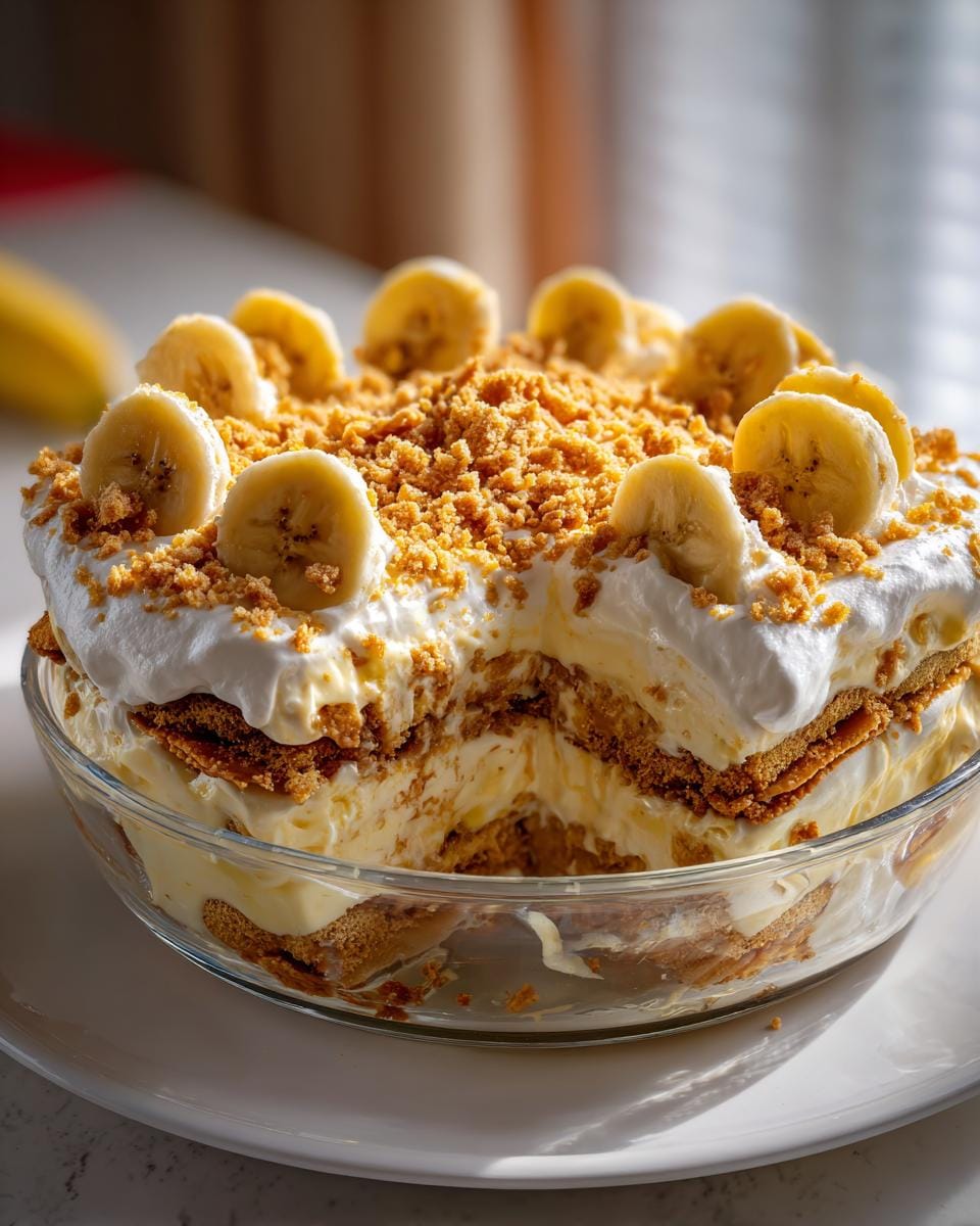 A delicious Banana Pudding dessert in a glass bowl, featuring layers of pudding, cookies, and whipped cream, topped with fresh banana slices.