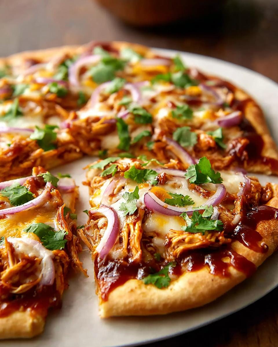 A close-up of a slice of Easy BBQ Chicken Flatbread topped with shredded chicken, melted cheese, red onion, and cilantro.