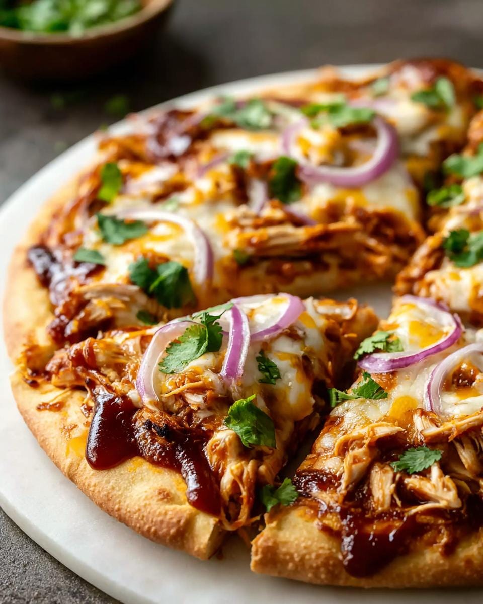 A close-up of a slice of Easy BBQ Chicken Flatbread topped with shredded chicken, BBQ sauce, melted cheese, red onion, and cilantro.