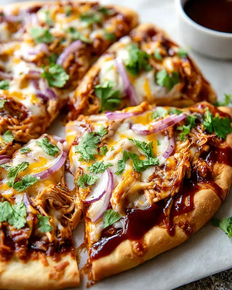 Close-up of Easy BBQ Chicken Flatbread slices topped with shredded chicken, red onion, cheese, and cilantro.