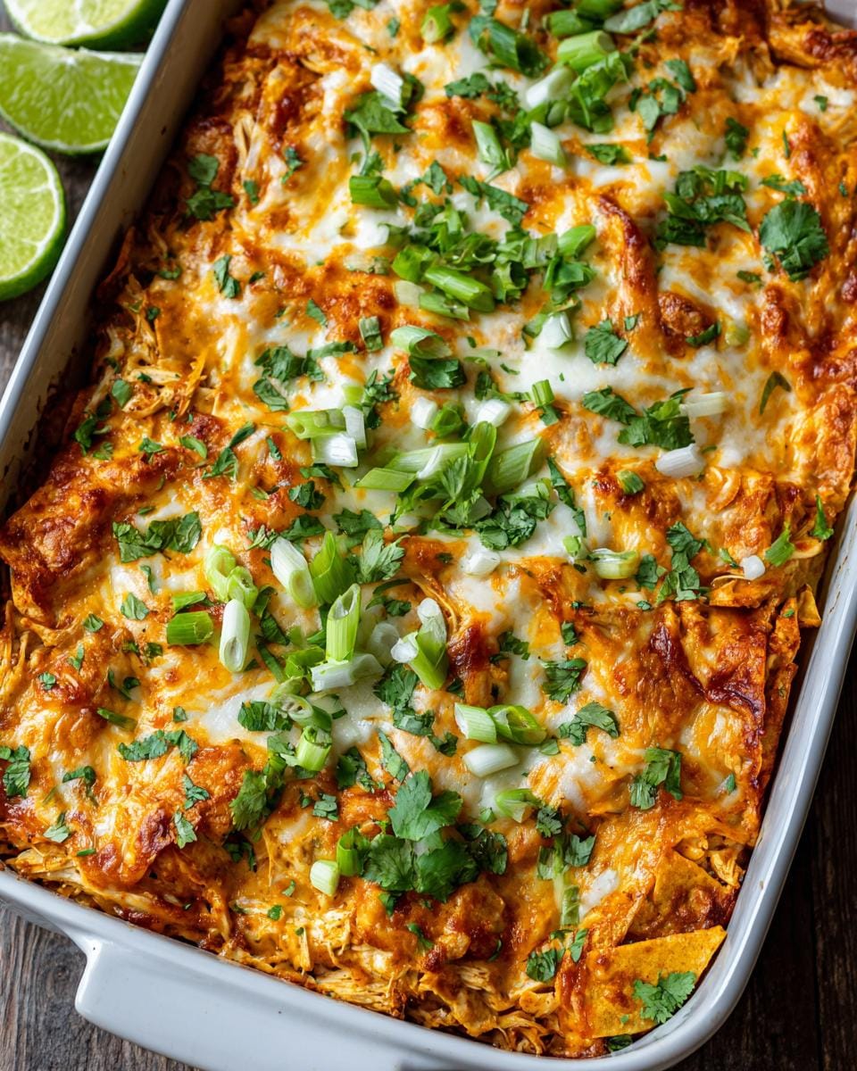 A close-up overhead view of a freshly baked Easy Chicken Enchilada Casserole in a white baking dish, topped with melted cheese, cilantro, and green onions.