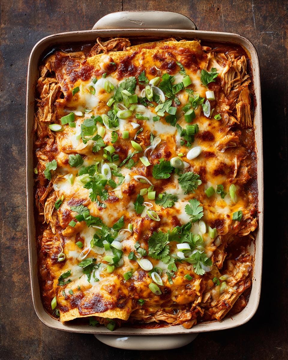 A top-down view of a baked Easy Chicken Enchilada Casserole in a baking dish, topped with melted cheese, cilantro, and green onions.