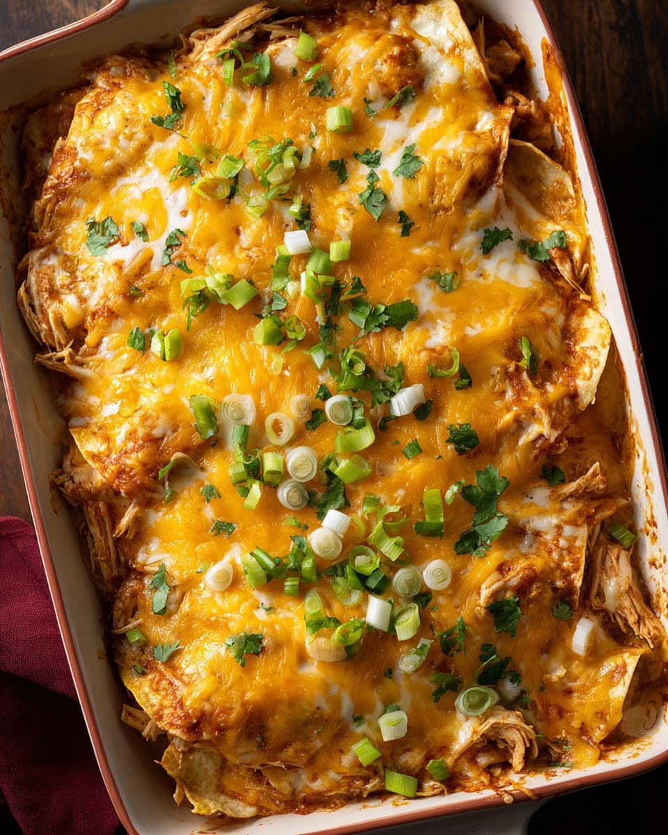 A close-up overhead view of a bubbly Easy Chicken Enchilada Casserole, topped with melted cheddar cheese and fresh green onions.