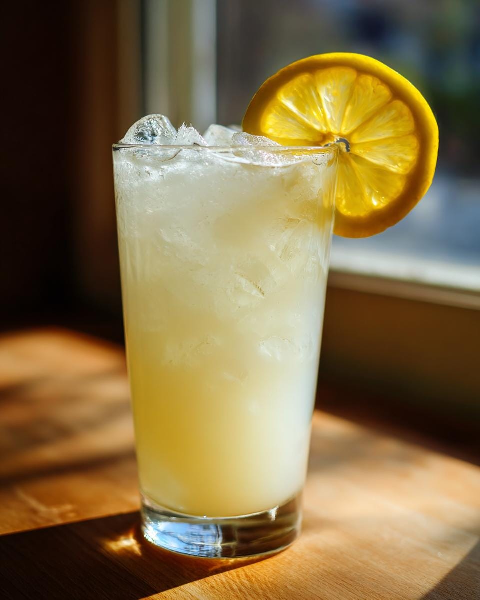 A tall glass filled with ice and Easy Coconut Lemonade, garnished with a lemon slice.