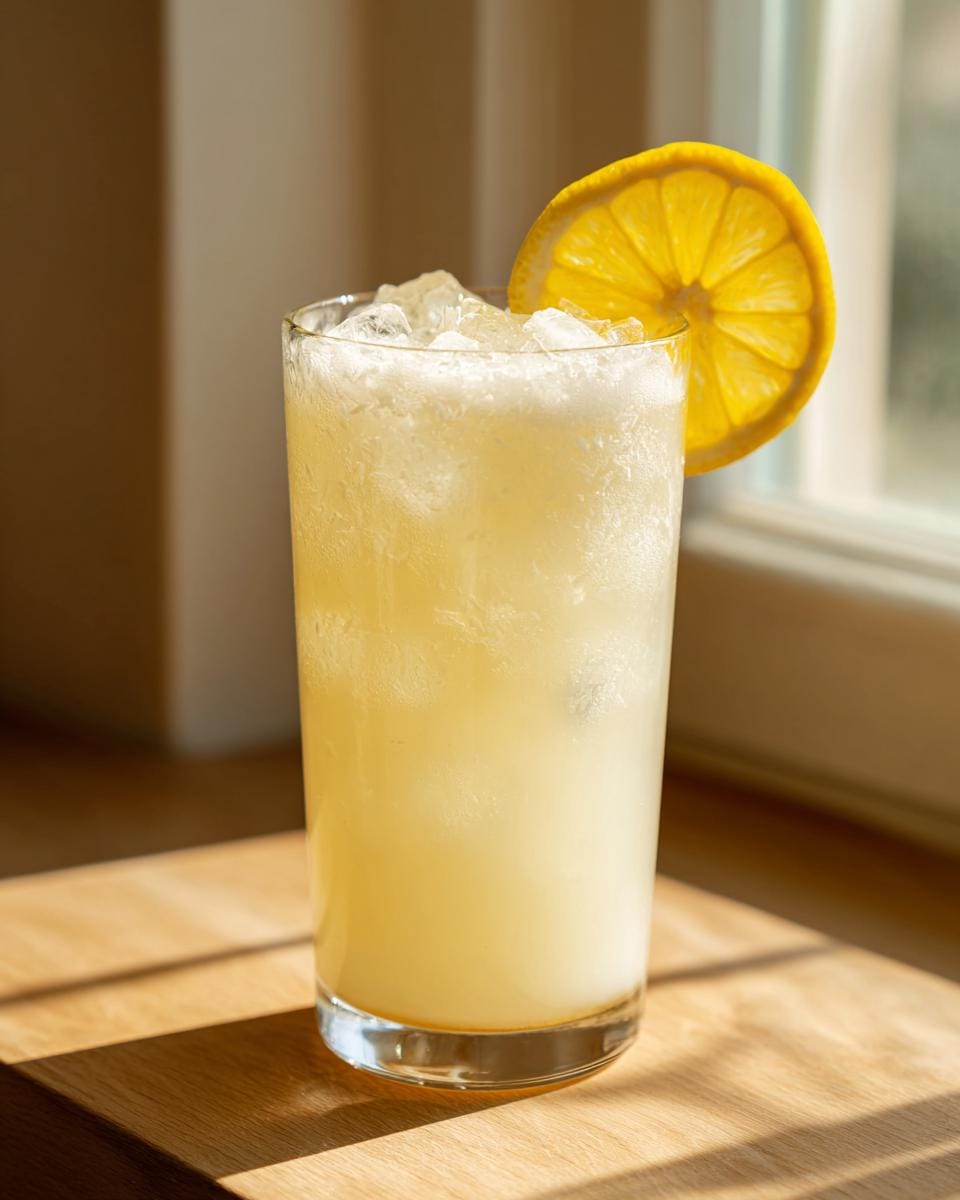 A tall glass filled with ice and Easy Coconut Lemonade, garnished with a lemon slice.