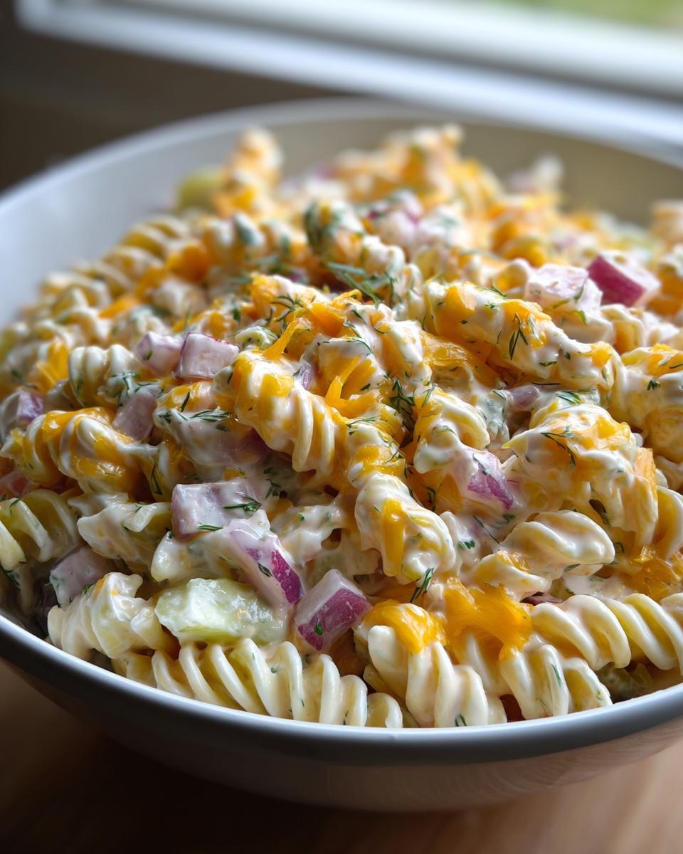 Close-up of a bowl filled with Easy Dill Pickle Pasta Salad, featuring rotini pasta, creamy dressing, shredded cheddar cheese, red onion, and dill.