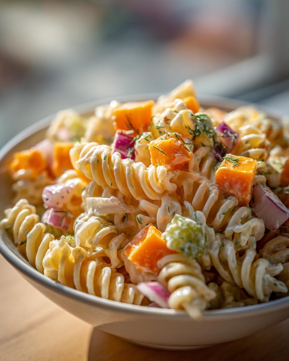 A close-up of a bowl filled with Easy Dill Pickle Pasta Salad, featuring fusilli pasta, diced pickles, red onion, and creamy dressing.