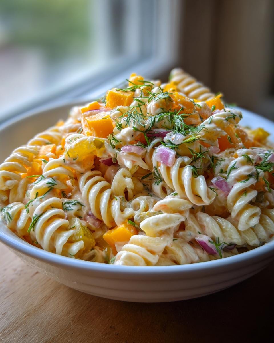 A bowl of Easy Dill Pickle Pasta Salad made with rotini pasta, pickles, red onion, and dill.