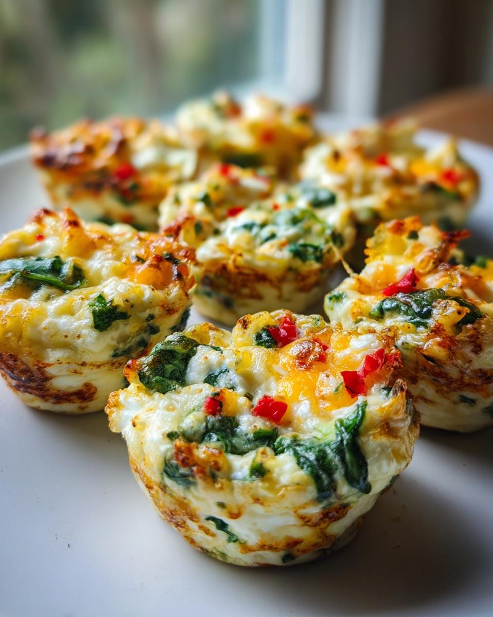 Close-up of fluffy Easy Egg White Bites with Cottage Cheese, spinach, and red peppers.