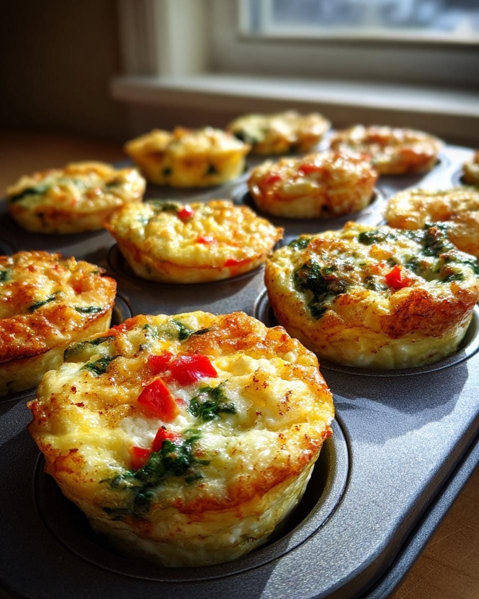 Close-up of golden-brown Easy Egg White Bites with Cottage Cheese, baked in a muffin tin with visible red peppers and spinach.