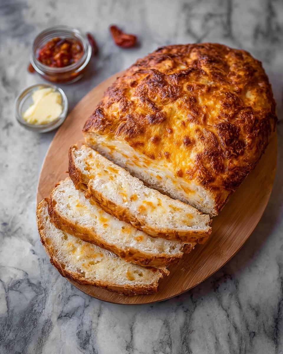 A sliced loaf of easy no knead cheddar cheese bread, with melted cheese visible throughout the slices.