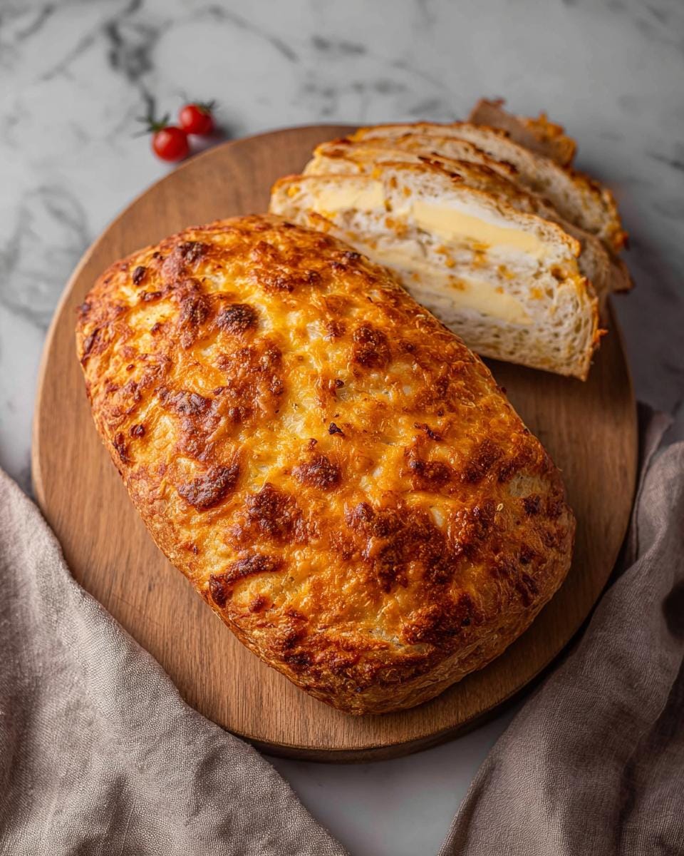 A golden-brown, no-knead cheddar cheese bread loaf, sliced to reveal a cheesy interior, on a wooden board.