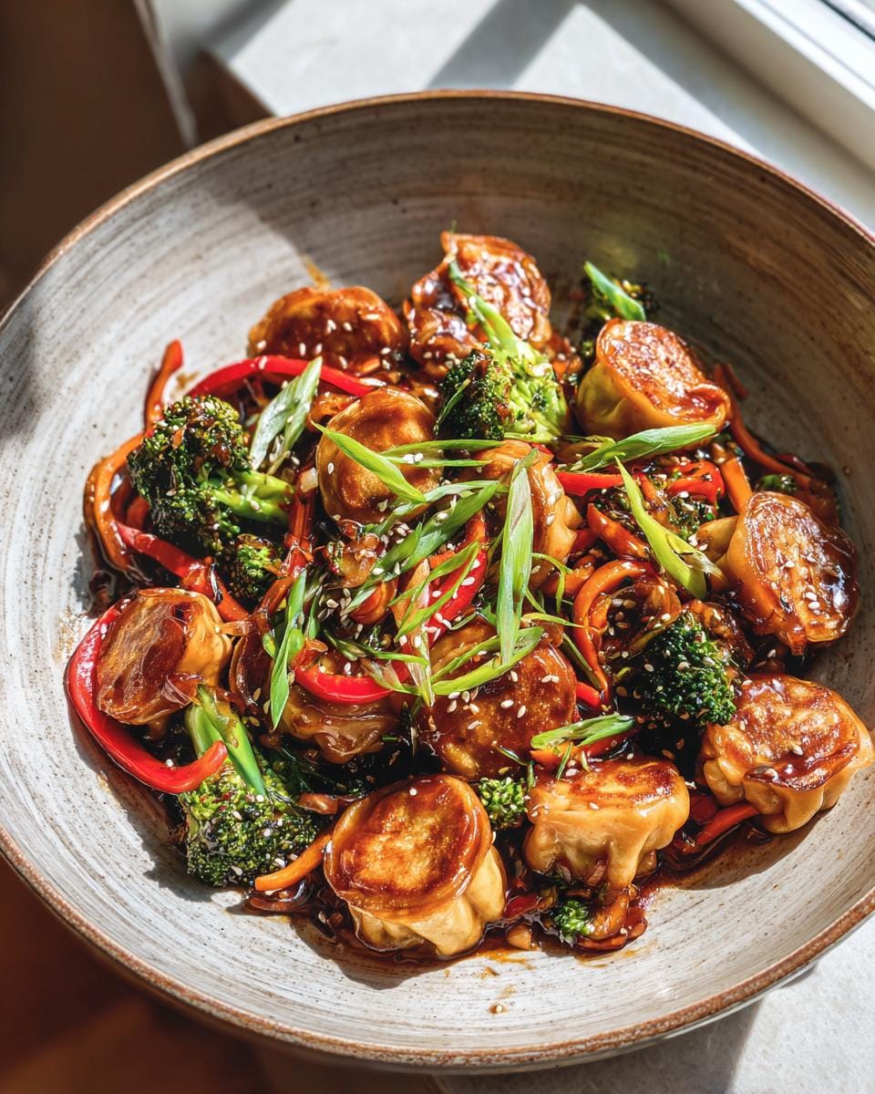 A close-up of an Easy Potsticker Stir Fry featuring potstickers, broccoli, red bell peppers, and carrots in a savory sauce.