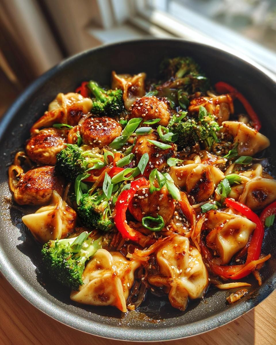 A close-up of an Easy Potsticker Stir Fry in a pan, featuring golden-brown potstickers, broccoli florets, red bell peppers, and green onions.